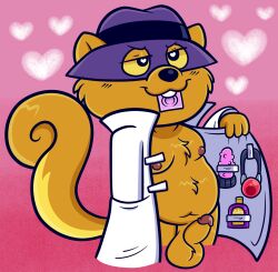 <3_eyes 2022 anthro ball_gag balls blush buckteeth clothed clothing coat coat_stash condom condom_in_mouth flashing gag genitals hanna-barbera hat headgear headwear heart heart-shaped_pupils hi_res lube_bottle male mammal nipples partially_clothed penis rodent sciurid secret_squirrel secret_squirrel_show sex_toy sexual_barrier_device sinribbons solo teeth topwear trenchcoat vibrator