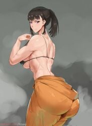 1girls 2021 artist_name big_ass big_breasts bikini bikini_top breasts dark_hair enen_no_shouboutai eyebrows eyelashes female female_focus female_only fire_force grey_background kisou looking_at_viewer muscular muscular_arms muscular_back muscular_female oze_maki ponytail purple_eyes side_view simple_background solo solo_female uniform url