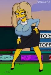 1girls bent_over big_breasts blonde_hair clothed clothing earrings eyelashes female female_focus high_heels huge_breasts human long_hair rocner smile smiling solo solo_female solo_focus standing tabitha_vixx the_simpsons thick_thighs wide_hips yellow_skin