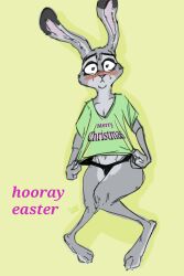 2022 3_toes 4_fingers anthro black_clothing black_underwear blush claws clothed clothing concerned digital_drawing_(artwork) digital_media_(artwork) digital_painting_(artwork) disney easter english_text eyebrows feet female fingers fluffy fluffy_ears fur fur_markings green_top grey_body grey_fur half_naked hi_res holidays inner_ear_fluff judy_hopps lagomorph leporid long_ears looking_at_viewer mammal markings multicolored_body multicolored_fur panties partially_clothed paws pink_nose rabbit shaded shadow signature simple_background simple_coloring simple_eyes simple_shading solo sweet.lemons text toes tuft two_tone_body two_tone_fur two_tone_tail underwear wide_hips yellow_background zootopia