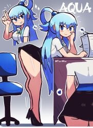 1girls aqua_(konosuba) aqua_eyes aqua_hair ass black_skirt blue_eyes blue_hair breasts eye_contact high_heels kono_subarashii_sekai_ni_shukufuku_wo! long_hair looking_at_viewer miniskirt office office_chair office_lady secretary shiny_skin skirt solo spoken_heart thick_thighs tony_welt white_shirt