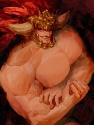 1boy 2022 bara bara_tiddies bara_tits big_pecs deity demigod elden_ring fromsoftware helmet horned_helmet horns light-skinned_male looking_at_viewer male male_only muscular muscular_male painting painting_(artwork) red_hair smile solo starscourge_radahn subliminalplums topless topless_male upper_body