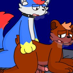 anthro balls canid canine fox fur genitals hair hi_res lyncario male male/male male_penetrated male_penetrating male_penetrating_male mammal nude open_mouth penetration penis sex simple_background thick_thighs tunbear_(lyncario) tunfox_(lyncario) ursid