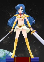 1girls almost_naked artist_request bikini_armor blue_eyes blue_hair blush breasts breasts_out cute_girl destroyed_clothing exposed_breasts gold_armor long_hair mugen_senshi_valis nipples open_mouth panties petite petite_body red_scarf ripped_clothing scarf scratch_marks shoulder_pads skirt sword teenage_girl topless_female torn_clothes torn_skirt valis white_panties yuko_ahso