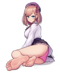 1girls ass barefoot blue_eyes bowtie brown_hair exposed_panties feet female female_only freezer_(frzr/efreezerarts) fully_clothed hat light-skinned_female light_skin nijisanji panties pantyshot pink_panties ribbon short_hair skirt solo suzuhara_lulu virtual_youtuber