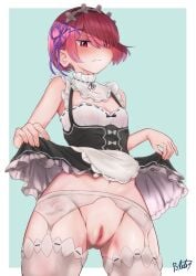 1girls 2021 absurd_res annoyed artist_name blush cleavage lifted_by_self maid maid_headdress maid_uniform miniskirt navel no_panties oni oni_female oni_girl pink_hair poteto。 pussy ram_(re:zero) re:zero_kara_hajimeru_isekai_seikatsu red_eyes roswaal_mansion_maid_uniform short_hair skirt_lift small_breasts solo solo_female teenage_girl teenager thighhighs