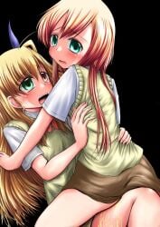 2girls blush female green_eyes heterochromia ixpellia lesbian lyrical_nanoha mahou_shoujo_lyrical_nanoha misana multiple_girls open_mouth peeing pissing red_hair urine vivio yuri