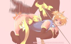 1boy arms_up big_ass black_panties blonde_hair blue_eyes blush cosplay femboy huge_ass kagamine_len legs_up nennanennanenna over_the_knee over_the_knee_spanking spanking staff vocaloid yellow_bow