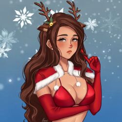 1girls aches artist_signature big_breasts blush boobs bra breasts brown_eyes brown_hair brunette christmas cleavage ears gloves long_hair lumiixq red_bra red_nose reindeer_ears snowflake tagme tan-skinned_female tanned_skin twirling_hair upper_body wavy_hair youtube youtuber