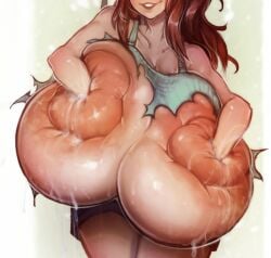 breasts_bigger_than_head breasts_bigger_than_torso enormous_nipples fisting gigantic_nipples lactating lactating_nipples nipple_fisting nipple_insertion nipple_penetration pwcsponson red_hair ripped_clothes ripped_clothing ripped_shirt shorts smiling sponson