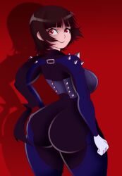 ass ass_focus atlus backboob big_ass big_breasts big_butt brown_hair clothing confident female fully_clothed huge_ass huge_breasts human kinggargantuas makoto_niijima pale_skin persona persona_5 phantom_thief_suit short_hair skin_tight solo solo_female thick_thighs tight_clothing