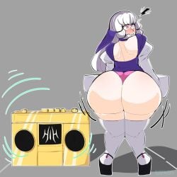 ! 1girls accidental_exposure ass ass_expansion back back_view backless_outfit bangs bare_back blush bluueygooey body_control boombox clenched_teeth curvy embarrassed exposed_ass exposed_panties female female_only fire_emblem fire_emblem:_three_houses gold_boombox_(prevence) grey_background huge_ass long_hair looking_back lysithea_von_ordelia panties pink_eyes pink_panties shocked solo thighhighs thong twerk_hypnosis twerking voluptuous white_hair