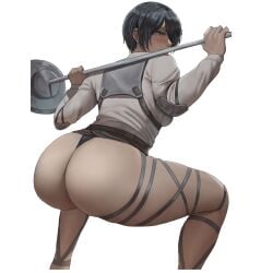 1girls 2022 artist_signature ass attack_on_titan back back_view black_eyes black_hair bottomless bottomless_female bubble_butt dat_ass exercise female female_only hi_res huge_ass lifting_weights mikasa_ackerman shexyo shingeki_no_kyojin short_hair simple_background solo squatting thick_thighs thighs weightlifting white_background working_out workout