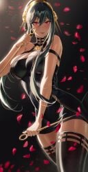 1girls 2022 assassin big_breasts black_dress black_hair blush breasts cleavage cloverworks cozyu curvy curvy_female dress female female_only hair_ornament hairband knives looking_at_viewer petals red_eyes rose shounen_jump shounen_jump+ slim_waist solo spy_x_family stiletto_(weapon) thick_thighs thighhighs thorn_princess thorns wit_studio yor_briar