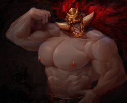 1boy 2022 abs bara big_pecs deity dmeigod elden_ring flexing fromsoftware helmet light-skinned_male looking_at_viewer male male_only muscular muscular_male painting painting_(artwork) pecs smile solo starscourge_radahn subliminalplums topless topless_male