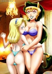 amber_eyes bbmbbf bikini bikini_bottom blonde_hair blue_eyes blush cameltoe green_hair human iron_queen maria_robotnik mobius_unleashed palcomix regina_the_iron_queen sega sonic_(series) sonic_the_hedgehog_(series) yuri