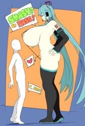 1boy 1girls big_breasts bigger_female breasts busty color colored edit english_text faceless faceless_male female gigantic_breasts hatsune_miku huge_breasts large_breasts legwear long_twintails male massive_breasts sinensian size_difference smaller_male smash_or_pass tall_female tall_girl taller_female taller_girl thick_thighs thighhighs thighs twintails vocaloid