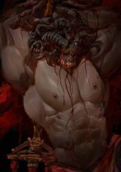 2022 abs arms_up bara blood deity demigod elden_ring fromsoftware horns humanoid light-skinned_male looking_at_viewer male male_only mohg_lord_of_blood monster muscular muscular_male painting painting_(artwork) pecs sharp_teeth solo subliminalplums topless topless_male