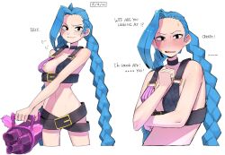 1girls 2koma accidental_exposure bangs blue_hair blush blushing blushing_profusely bra braid braided_twintails breasts covering_breasts covering_nipples covering_self cute dialogue embarrassed fang female female_focus female_only gun jinx_(league_of_legends) league_of_legends medium_breasts nipple nipple_slip ohasi proud riot_games shame shaming shaming_viewer shorts small_breasts smug_smile twintails weapon