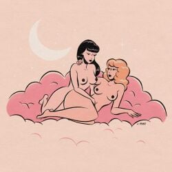 2girls black_hair blonde_hair cloud jenifer_prince moon multiple_girls naked wholesome yuri