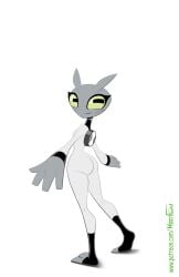 alien antennae ass_focus ben_10 bodysuit female female_focus female_only four_fingers galvan goat_eyes green_sclera grey_matter grey_skin gwen_10 gwen_tennyson hyperflannel no_nose no_nude round_ass shortstack two_toes white_suit yellow_eyes