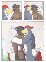 anthro ass avian backwards_baseball_cap backwards_hat balls baseball_cap bird cheech closed_eyes clothing comic curt_(rainyatsu) erection frottage gay genitals group group_sex hat headgear headwear hi_res hyaenid kissing male male/male mammal muscular muscular_anthro muscular_male notched_ear penis polar_bear rain-yatsu red_clothing red_headwear sex spotted_hyena tattoo threesome trio underwear ursid ursine yaoi