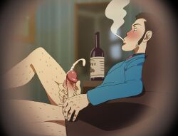 arsene_lupin_iii bara blush bottomless drinking ejaculation facial_hair hairy lupin_iii male_only masturbation sideburns smith_(ardp13) smithswhc smoking solo_male suit