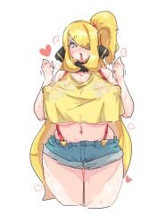 1girls blonde_hair blush booty_shorts breasts breasts_between_suspenders cynthia_(pokemon) denim_shorts erect_nipples female female_only heart hearts huge_breasts huge_nipples jean_shorts kasumi_(pokemon) kasumi_(pokemon)_(cosplay) leebongchun long_hair mature mature_female milf misty_(pokemon)_(cosplay) mouth nipple_bulge nipples_visible_through_clothing pokemon pokemon_dppt ponytail shorts solo suspenders sweat sweatdrop tank_top white_background wide_hips yellow_topwear