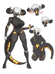 amx1375 ass cyborg dragon dragon_girl female fire_breathing glowing_body glowing_tongue grey_skin horns leotard short_hair tail white_hair yellow_eyes