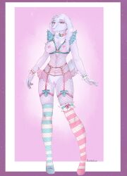 absurd_res anthro bovid breasts caprine clothed clothing cyrena_(miyu~fox) digital_media_(artwork) female fishnet fishnet_legwear fur genitals goat hi_res legwear lingerie looking_at_viewer mammal nipples nude pattern_clothing pattern_legwear pink_eyes pussy simple_background smile solo striped_clothing striped_legwear stripes thigh_highs white_body white_fur yunagalaxy