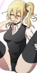 1girls belt_collar big_ass blonde_hair blue_eyes blush breasts collar eyebrows eyebrows_visible_through_hair eyelashes eyelashes_visible_through_hair gritting_teeth hayasaka_ai kaguya-sama_wa_kokurasetai_~tensai-tachi_no_renai_zunousen~ laying_back legs_up looking_to_the_side messy_hair necklace nervous panties scrunchie side_tail simple_background sitting stockings sweater thighhighs thighs white_background ze_r0_ze_r0