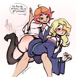 2girls amanda_o'neill assertive_female blonde_hair blush blushing diana_cavendish embarrassed english_text female_only hands_tied happy_female happy_sub horny_female horny_sub lezdom lezsub little_witch_academia looking_pleasured masochist multiple_girls non_resistant over_the_knee over_the_knee_spanking pleasure_face rope secretly_loves_it skirt_lift spanking speech_bubble text upskirt wedgie wedgie_spanking willing_sub yuri yuripeach