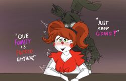 animatronic baby_(fnafsl) babyxspringtrap blush circus_baby circus_baby_(fnaf) father_and_daughter female five_nights_at_freddy's fnaf from_behind green_eyes incest male male/female red_hair robot springtrap springtrap_(fnaf) straight