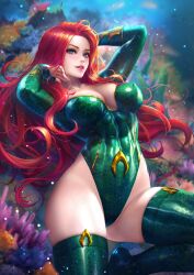 anemone_(flower) aquaman_(series) blushing dc dc_comics edited highleg_leotard large_breasts looking_at_viewer mera neoartcore nipple_bulge nudtawut_thongmai realistic red_hair red_lips redhead skin_tight thick_thighs thighhighs uncensored underwater