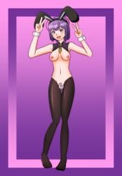 1girls :d alternate_costume armpits ass_visible_through_thighs bare_midriff bernadetta_von_varley breasts bunny_ears bunny_girl bunnysuit censored cirno_vevo double_v female female_only female_pubic_hair fire_emblem fire_emblem:_three_houses looking_at_viewer medium_breasts midriff nintendo nipples open_mouth post-timeskip pubic_hair purple_background purple_eyes purple_hair reverse_bunnysuit reverse_outfit short_hair sleeveless smile solo v