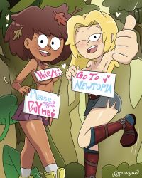 2d 2girls amphibia anne_boonchuy blonde_hair blush breasts brown_hair chocolate_and_vanilla clothing dark-skinned_female dark_skin disney disney_channel female female_only high_resolution large_breasts looking_at_viewer multiple_girls navel one_eye_closed partially_clothed prokylan sasha_waybright sign teenage_girl teenager thumbs_up topless twitter_username underboob very_high_resolution young