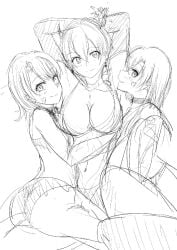 3girls arms_around_waist arms_up big_breasts blush choker cleavage face_tattoo female female_only heart holding_another isshiki_iroha long_gloves looking_at_viewer monochrome multiple_girls my_teen_romantic_comedy_snafu sagami_minami showing_off sitting_on_leg sitting_on_person sketch skimpy skimpy_clothes swimsuit tattoo tattoos yuigahama_yui ze_r0_ze_r0