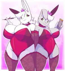 2girls big_breasts bloobiesus breasts bunnysuit clothed clothing female female_only fur furry furry_only green_eyes grey_fur hi_res humanoid stockings tagme tail thick_thighs white_fur