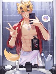 2boys abs big_penis blonde_hair blush bulge cuppydraws dog_ears dog_tags dog_tail erection erection_under_clothes genshin_impact green_eyes kamisato_ayato looking_at_viewer male male_only mirror nipples nosebleed penis phone reflection selfie shampoo_challenge smile soap thoma_(genshin_impact) thought_bubble toilet toned toned_male towel v