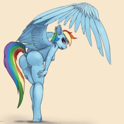 anthro ass bent_over breasts dock equid equine female friendship_is_magic genitals hasbro hi_res looking_at_viewer looking_back mammal my_little_pony nipples nude pegasus presenting presenting_hindquarters pussy rainbow_dash_(mlp) raised_tail simple_background smile solo spread_wings tail_aside tenebrisnoctus unguligrade_anthro wings