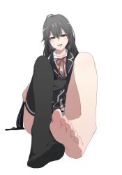 1girls aroused barefoot black_hair blue_eyes blush bow eyes_half_open feet_together feet_towards_viewer female female_only foot_fetish foot_focus footwear hair_ornament heavy_breathing holding_clothing jacket knees_up long_hair looking_at_viewer mouth_open my_teen_romantic_comedy_snafu one_bare_foot one_stocking panties school_uniform schoolgirl simple_background sitting skirt smile solo stockings white_background yukinoshita_yukino ze_r0_ze_r0