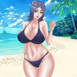 1girls beach big_breasts bikini bikini_bottom bikini_top blue_bikini blue_panties blue_swimsuit busty cleavage curvaceous curvy curvy_figure eyeshadow female female_only hair_flower konan large_breasts light-skinned_female light_skin lips lipstick looking_at_viewer makeup naruto naruto_(series) naruto_shippuden ocean orange_eyes outdoors outside panties pink_lips pink_lipstick pinup pose posing purple_hair shounen_jump sideboob solo solo_female solo_focus standing sutokatsu swimsuit thighs thunder_thighs voluptuous wide_hips