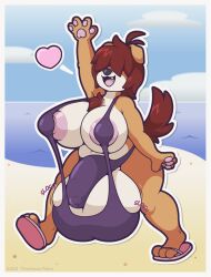 3_toes 4_fingers anthro ball_bra balls beach big_balls big_breasts big_penis border breasts canid canine canis chest_tuft clothed clothing cock_sock domestic_dog feet fingers flip_flops floppy_ears footwear futanari genitals gesture gynomorph hair hair_over_eyes happy heart hi_res hidden_eyes huge_balls huge_breasts huge_cock hyper hyper_balls hyper_breasts hyper_genitalia hyper_nipples hyper_penis intersex mammal multicolored_body nipples open_mouth open_smile original_character pawpads penis penis_clothing sandals scruffy seaside simple_background skimpy slightly_chubby slosh sloshing_balls smile socks solo stretched_clothing swimwear testicle_sound_effects text thick_thighs thisnameistaken toes tuft two_tone_body waving white_border wide_hips