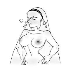 1girls angel artist_request bernadette_(i'm_the_grim_reaper) blush breasts earrings embarrassed embarrassed_nude_female female female_only hands_on_hips i'm_the_grim_reaper large_breasts light-skinned_female looking_away solo uncolored webtoon white_background