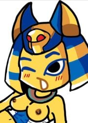 1girls animal_crossing ankha anthro artist_request bastet_(summoner's_greed) blue_hair breasts cat_ears cat_girl chibi egyptian egyptian_clothes furry nintendo nipples one_eye_closed out_of_frame simple_background solo_female source_request summoner's_greed video_games year_request yellow_skin