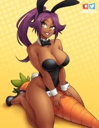 1girls big_breasts bleach breasts bunny_ears bunnysuit cleavage clothed clothing dark-skinned_female dark_skin female_focus female_only high_heels long_hair looking_at_viewer nortuet purple_hair revealing_clothes shihouin_yoruichi simple_background sitting smile solo spread_legs watermark yellow_background yellow_eyes