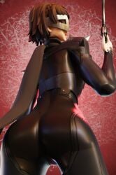 3d ass atlus clothing female female_only firearm handgun human makoto_niijima open_mouth pale_skin persona persona_5 phantom_thief_suit ralzelk revolver short_hair solo tagme weapon