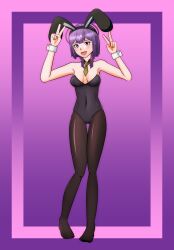 1girls :d alternate_costume armpits ass_visible_through_thighs bare_shoulders bernadetta_von_varley breasts bunny_ears bunny_girl bunnysuit cirno_vevo double_v female female_only fire_emblem fire_emblem:_three_houses looking_at_viewer medium_breasts nintendo open_mouth pantyhose post-timeskip purple_background purple_eyes purple_hair short_hair smile solo v