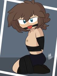 1boy alternate_version_available ballgag ballgagged blue_eyes bondage brown_hair cartoony embarrassed fnafhs fnafhs_bondage fnafhs_z3ro freddy_(fnafhs) gag gagged hiroshicoffee redraw tied_arms tied_up