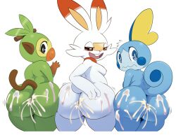 3girls adorable anthro ass ass_focus ass_grab ass_pose ass_to_ass big_ass big_butt blue_eyes blue_skin bottom_heavy breasts cum cum_in_ass cum_on_butt cute cute_face edit edited eyelashes female female_only females_only fur furry gesture green_eyes grookey group hand_on_ass hi_res holding_ass long_ears looking_at_viewer looking_back nintendo nipples nude open_mouth open_smile pokémon_(species) pokemon pose rear_view red_eyes scalie scorbunny sideboob simple_background smile sobble sssonic2 starter_trio tail thick_thighs video_games waving white_background white_fur wide_hips